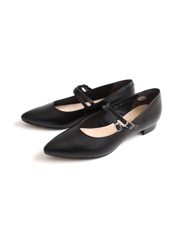 Pointer 日本製 本革ストラップ付きローヒールパンプス ブラック