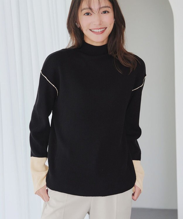 Tiaclasse 配色スリーブリブニットトップス ブラック