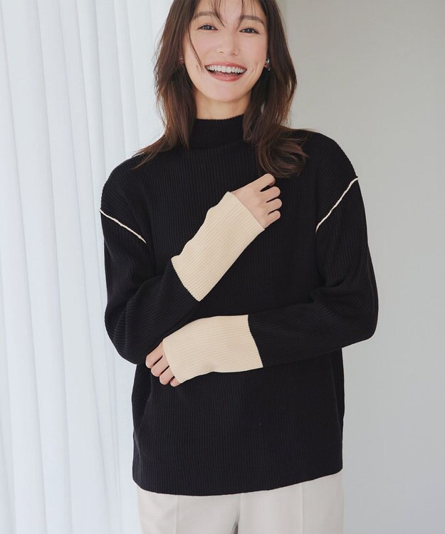 Tiaclasse 配色スリーブリブニットトップス ブラック