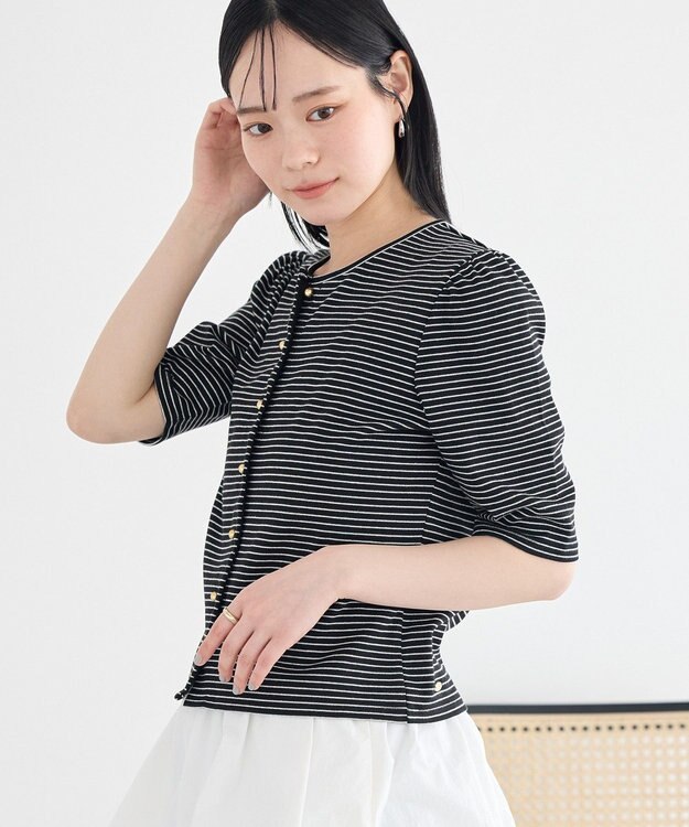 earth music&ecology ゴールドボタンボーダーカーディガン Black
