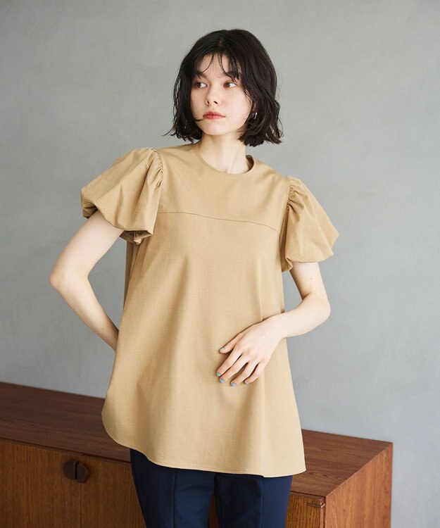 #Newans 【洗える】Aラインパフスリーブカットソー ベージュ