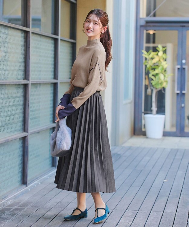 Tiaclasse 配色スリーブリブニットトップス ベージュ