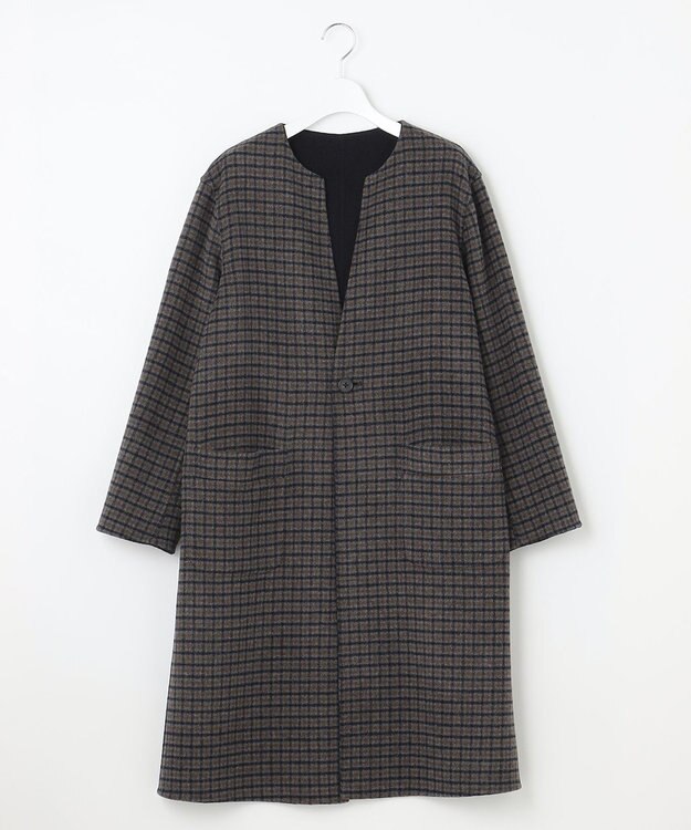 J.PRESS LADIES S 【リバーシブル】ウールナイロン リバーチェック ノーカラー ロングコート ネイビー系