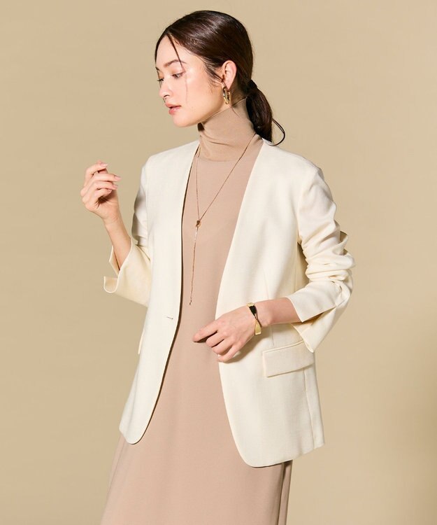 BEIGE， 【L-size】CAROLE / リネンライクノーカラーハーフ丈ジャケット Ecru