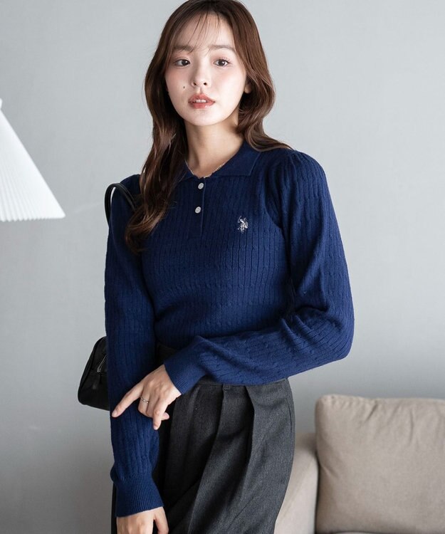 WEGO 【WEB限定/25年秋冬新作】別注USPOLOケーブルニットポロ ネイビー