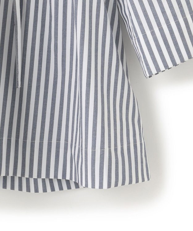 UNFILO コットンブロード フリルネックシャツ ネイビーストライプ