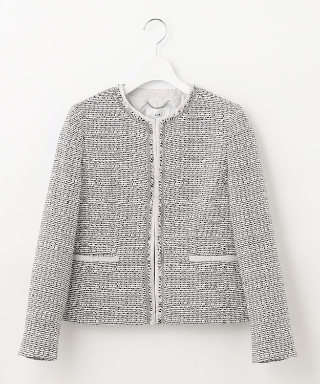 23区 S 【セットアップ対応】ライトシャインツイード ノーカラー ジャケット ブラック系