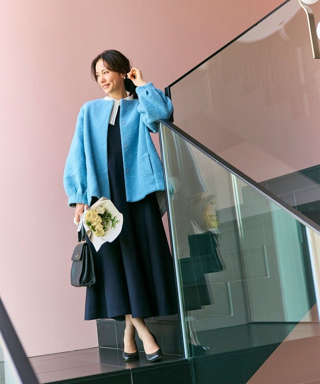 #Newans 【セレモニーにも】フレアニットワンピース ネイビー