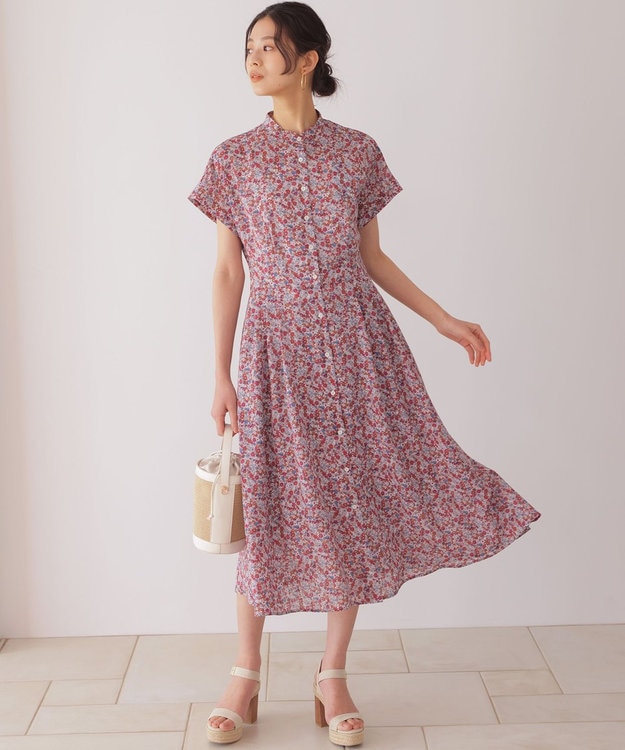 組曲 フラワーガーデンプリント ワンピース ベージュピンク系