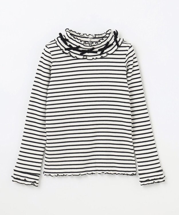 ANY KIDS 襟リボンカットソー ブラック×オフホワイト（ボーダー）