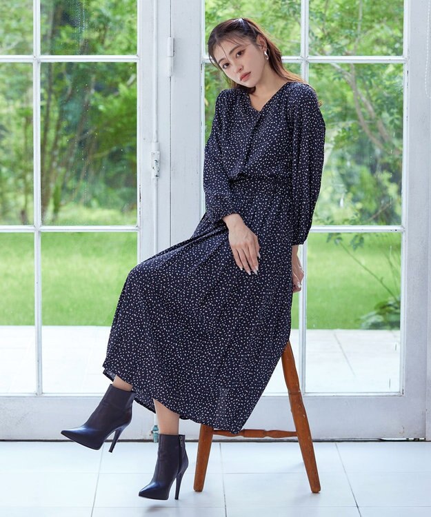 Tiaclasse 【洗える・新色追加】パフスリーブプリーツワンピース ネイビー