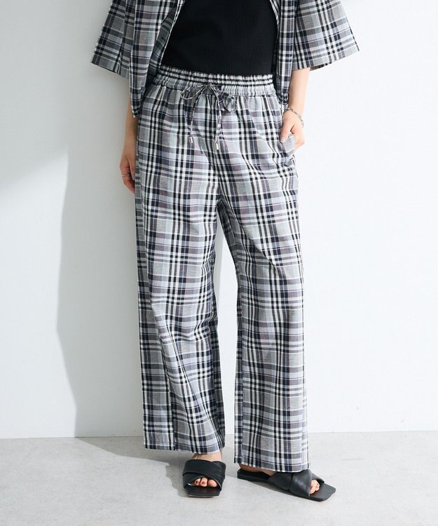 Green Parks 綿麻混イージーワイドパンツ Check