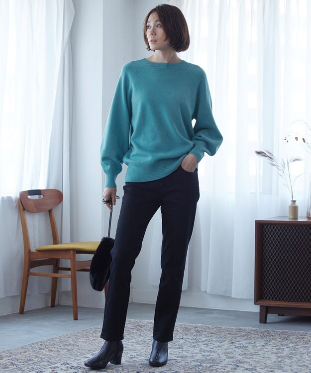 自由区 L 【洗える】ウールカシミヤブレンド ボートネックプルオーバー ピーコックブルー系