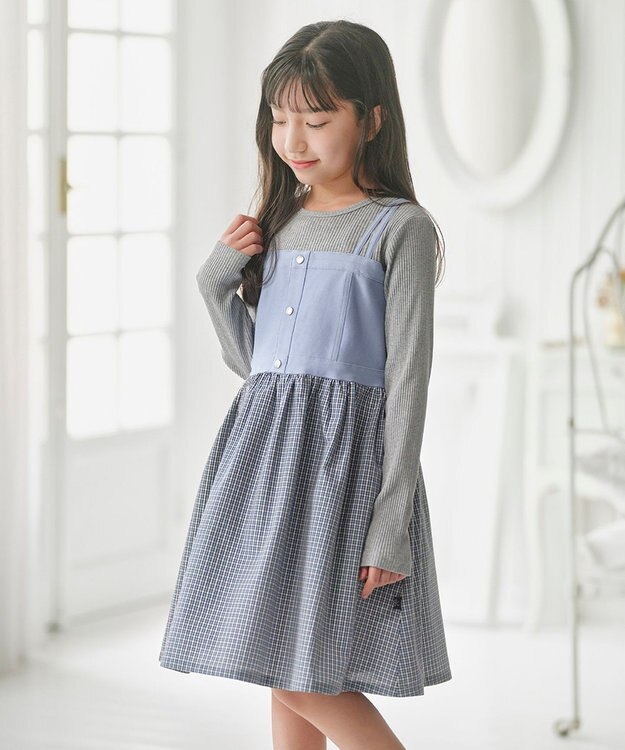 組曲 KIDS 【150-170㎝】チェックドッキング ワンピース サックスブルー