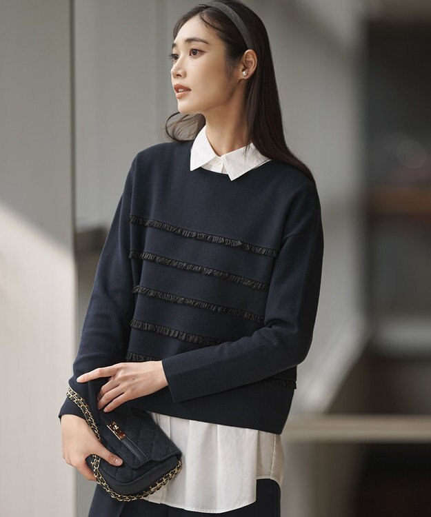 23区 L 【WEB&一部店舗限定/滝沢眞規子さん着用】フリルボーダー ニット ネイビー系