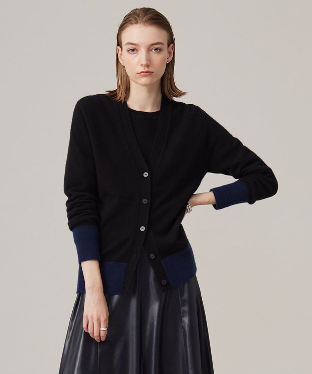 ICB L ピュアカシミヤ カーディガン ブラック×ネイビー系