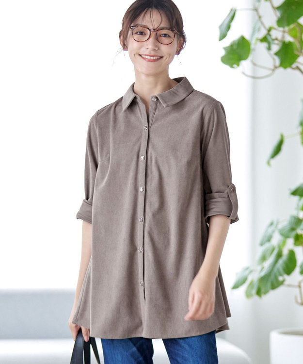 Tiaclasse L 【洗える】コーデュロイシャツチュニックブラウス モカ