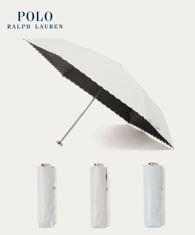 MOONBAT 【WEB限定/ 遮光率100％/遮熱/UV】POLO RALPH LAUREN（ポロ ラルフローレン）晴雨兼用日傘 ワンポイント ポロポニー ストライプ 折りたたみ傘 ベージュ