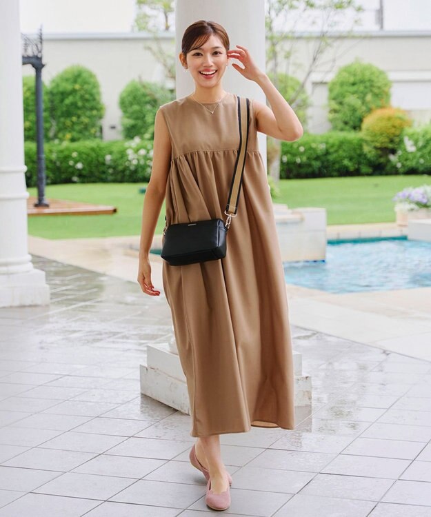 Tiaclasse 【洗える】後ろリボンギャザーワンピース ベージュ