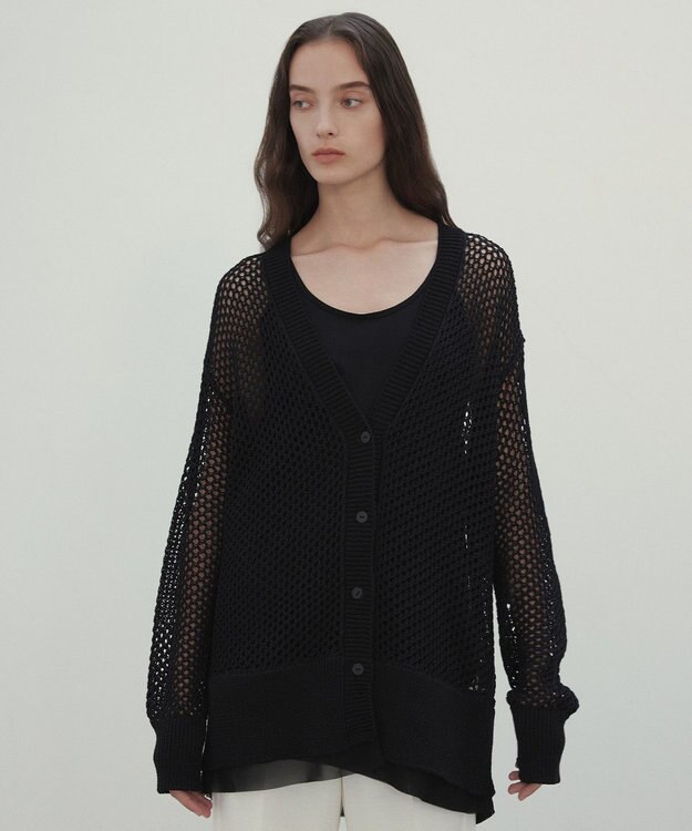 BEIGE， 【洗える】ALOE / コットンメッシュVネックミドル丈カーディガン Black