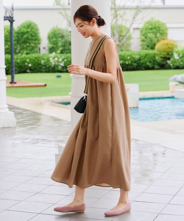 Tiaclasse 【洗える】後ろリボンギャザーワンピース ベージュ