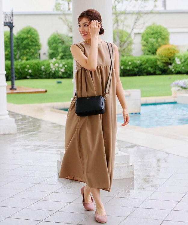 Tiaclasse 【洗える】後ろリボンギャザーワンピース ベージュ