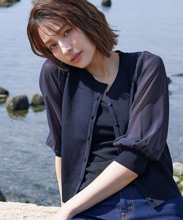 Tiaclasse L 【洗える】パフスリーブコンビカーディガン ネイビー