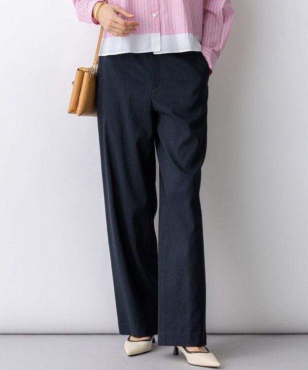 23区 リネンレーヨンストレッチ ワイドパンツ ネイビー系