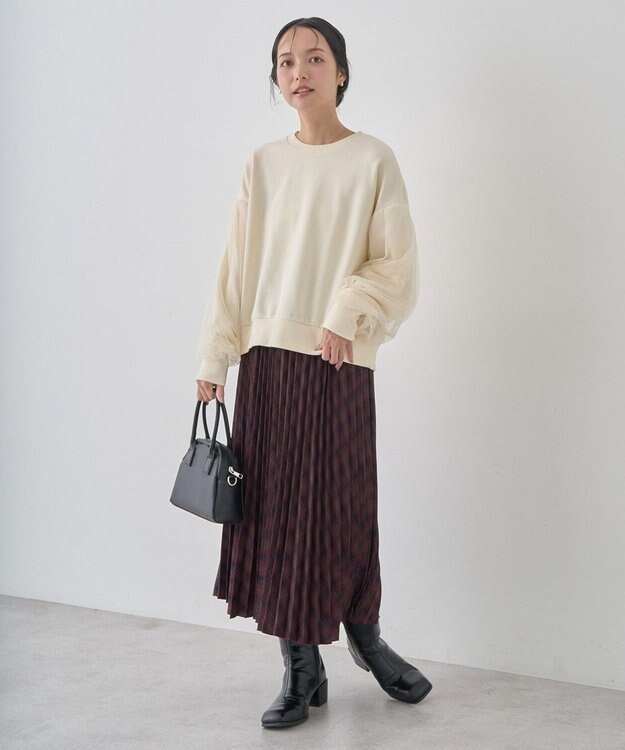 earth music&ecology すきな丈Ｔ／Ｒプリーツスカート Check Bordeaux