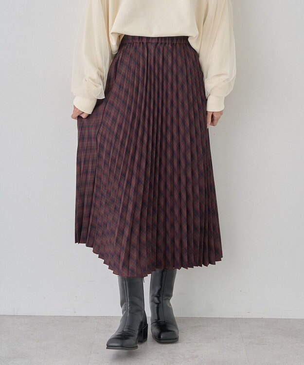 earth music&ecology すきな丈Ｔ／Ｒプリーツスカート Check Bordeaux
