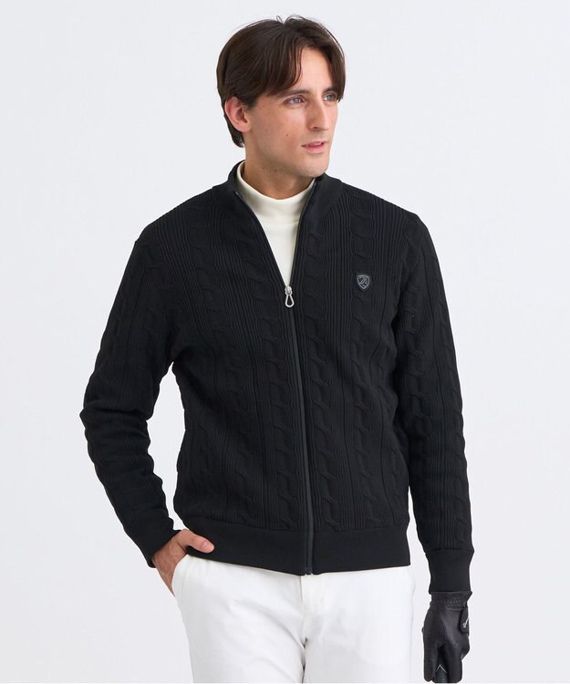 23区GOLF 【MEN】ケーブルジップアップカーディガン　防風裏地付き ブラック系