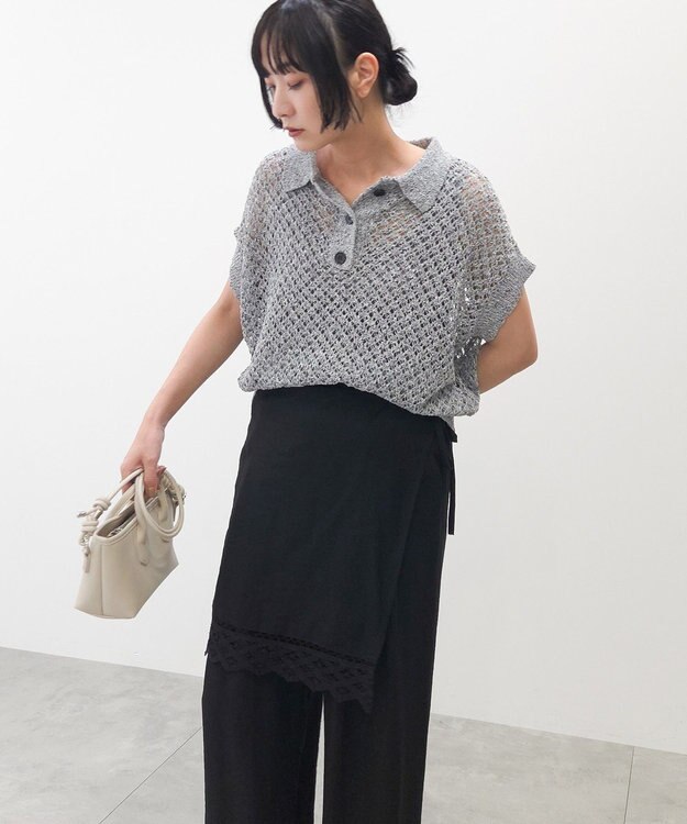 Green Parks 衿付き透かし編みニットプルオーバー Gray