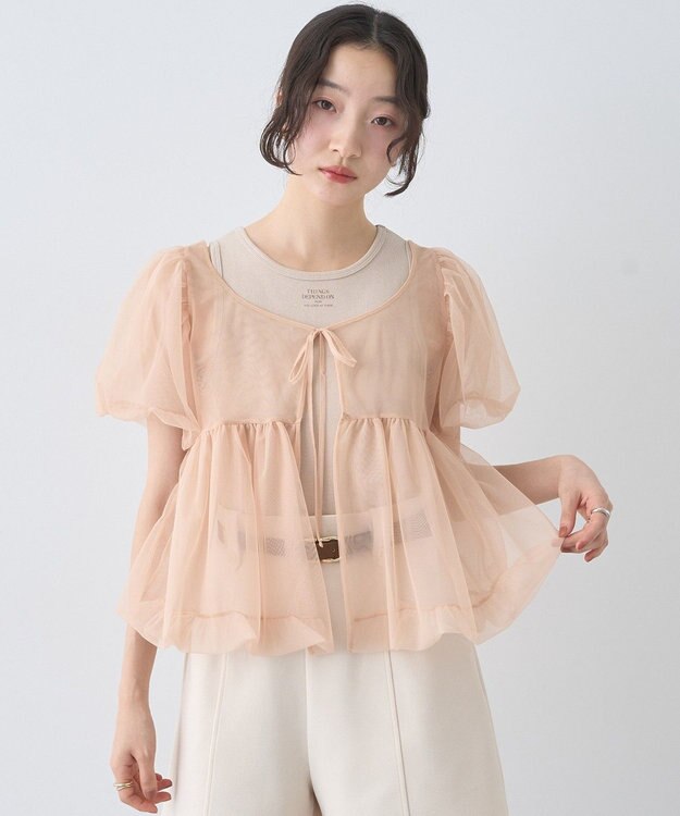 earth music&ecology ＳＥＴ２点チュールバルーンブラウス＋ロゴタンク Pink Beige