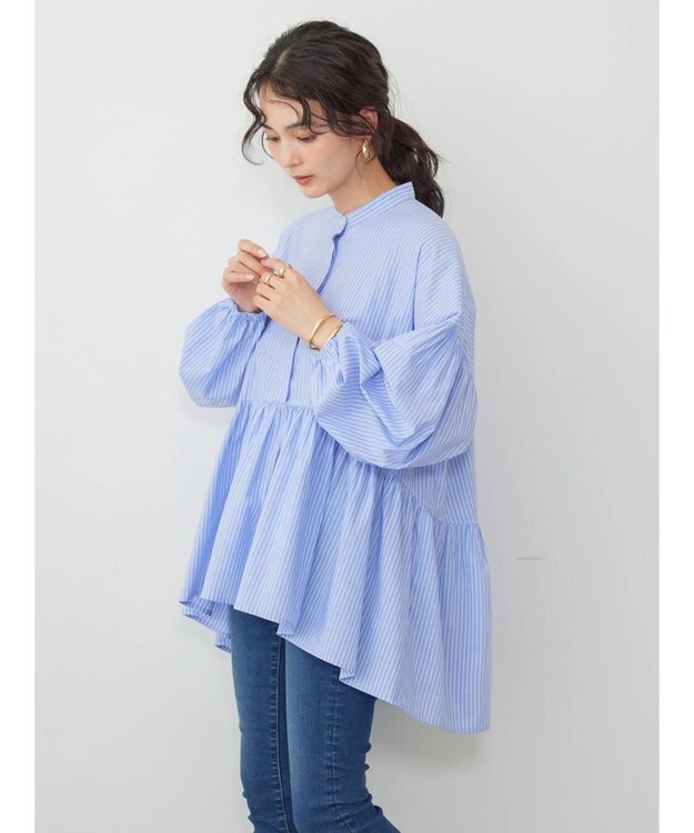 AMERICAN HOLIC サラックール／ＵＶカットティアードブラウス Stripe Sax