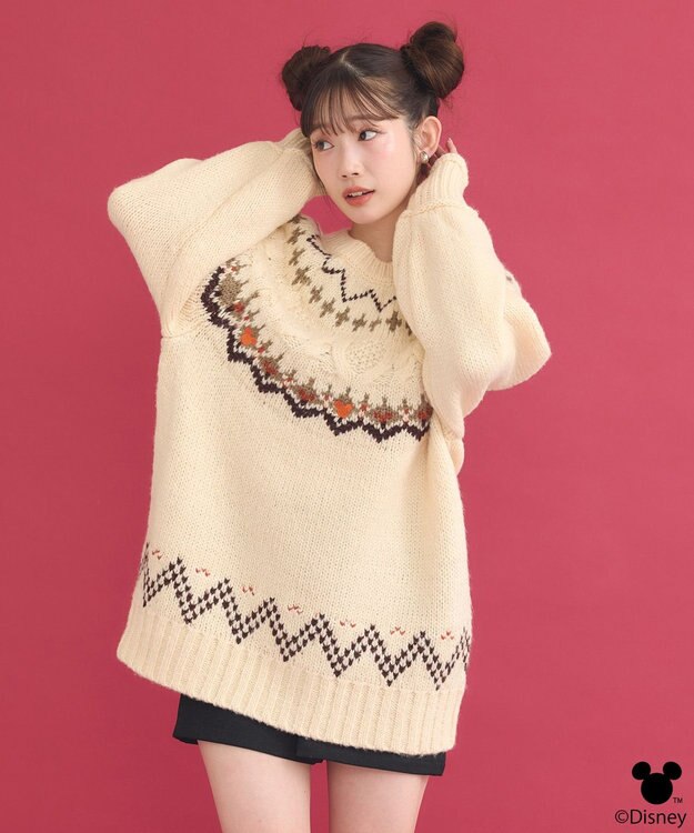 earth music&ecology Disney/ミッキー刺繍ノルディックニットチュニック アイボリー