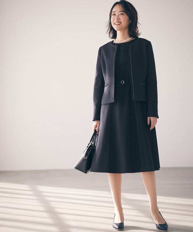 ANY SIS リップルボーダーストレッチ ノーカラージャケット ネイビー