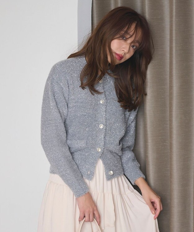 Feroux 【洗える】ラメシャギー カーディガン ライトグレー系