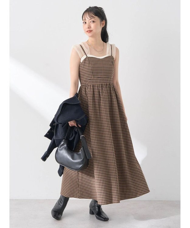 earth music&ecology ビスチェ風キャミドレ Check Brown