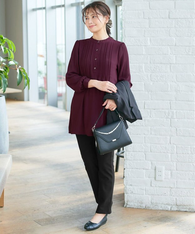Tiaclasse 【スマート裏起毛・新色追加】 ピンタックシャツチュニック ボルドー