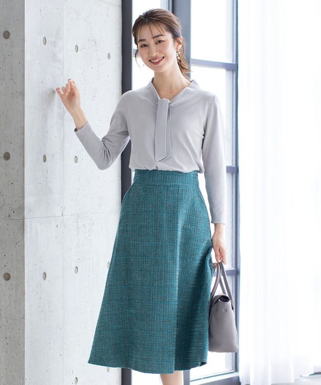 Tiaclasse 【洗える】大人華やかなツイードフレアスカート ターコイズ
