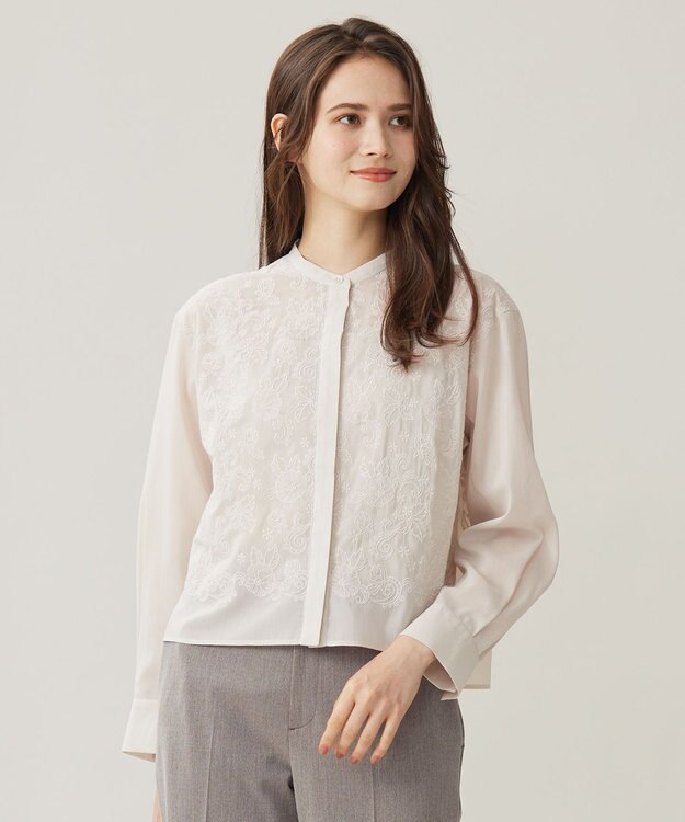 自由区 【洗える】シアーエンブロイダリークロップド丈 ブラウス ベージュ