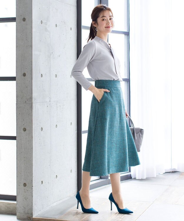 Tiaclasse 【洗える】大人華やかなツイードフレアスカート ターコイズ