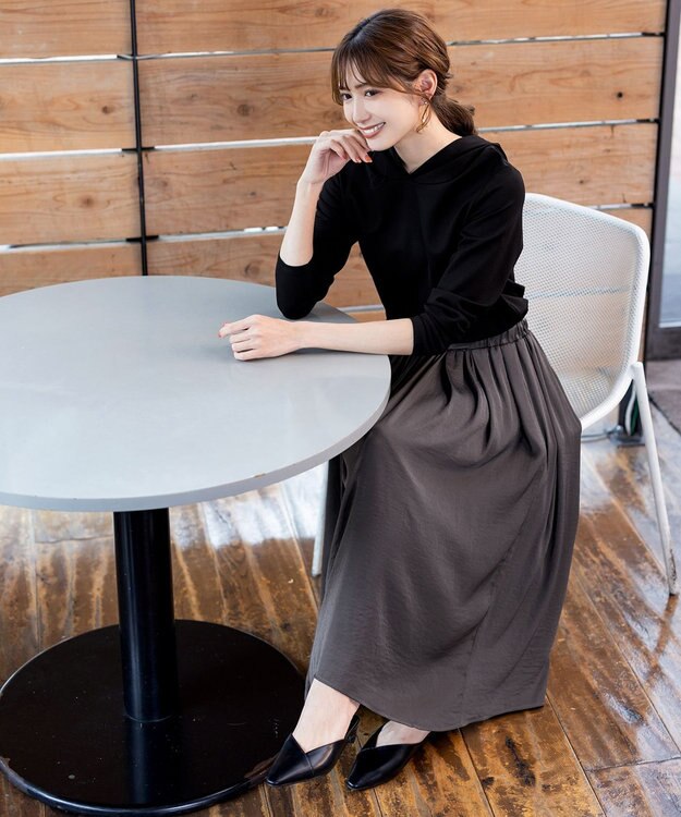 Tiaclasse L 【洗える】パーカードッキングワンピース ブラック×グレー