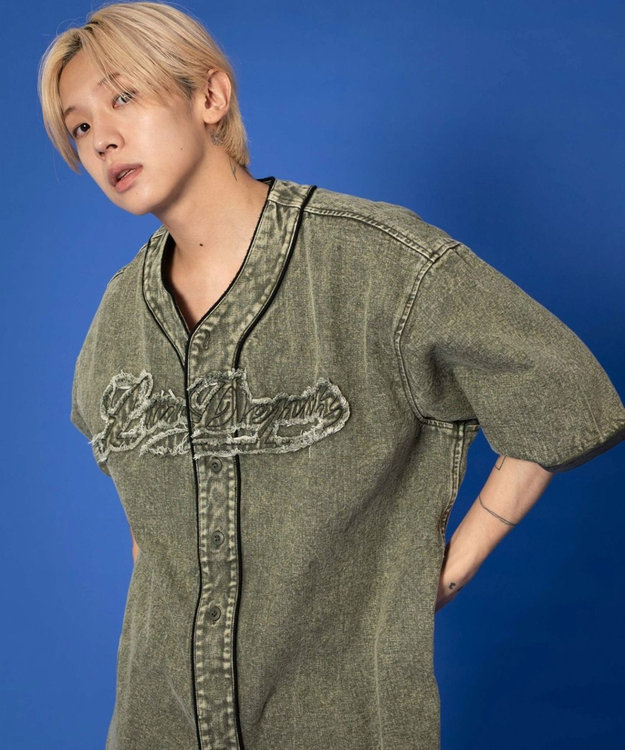 WEGO 【ユニセックス着用ITEM】ベースボールデニムグラフィックシャツ（SS） カーキ