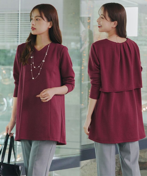 Tiaclasse L 【洗える】バックフレア裏毛チュニック ボルドー
