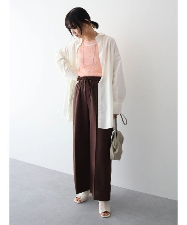 Green Parks 綿麻混イージーワイドパンツ Brown