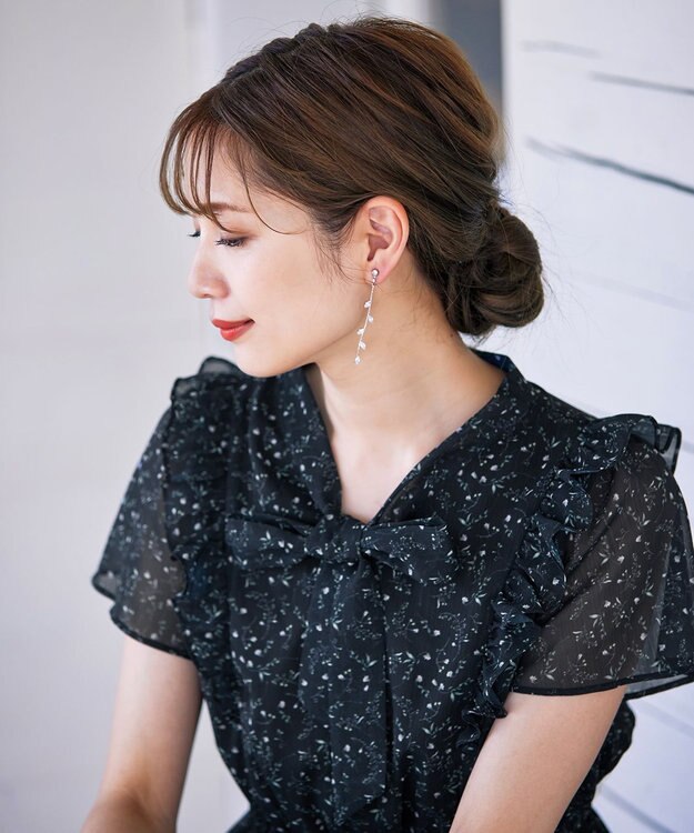 Tiaclasse 【洗える】花柄ボウタイフレアワンピース ブラック