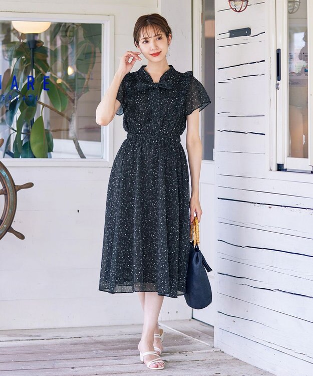 Tiaclasse 【洗える】花柄ボウタイフレアワンピース ブラック