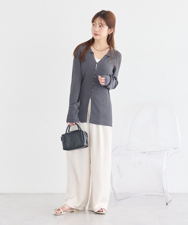 earth music&ecology スキッパー衿リブカーディガン Charcoal Gray