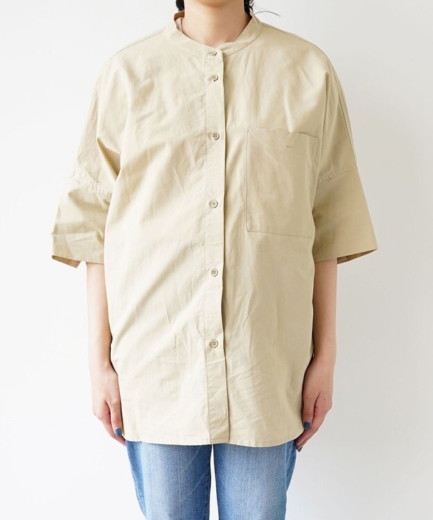 WHITE MAILS COTTON PAPER  POPLIN BAND COLLAR DOLMAN SLEEVE SHIRT　コットンポプリン 半袖シャツ ベージュ